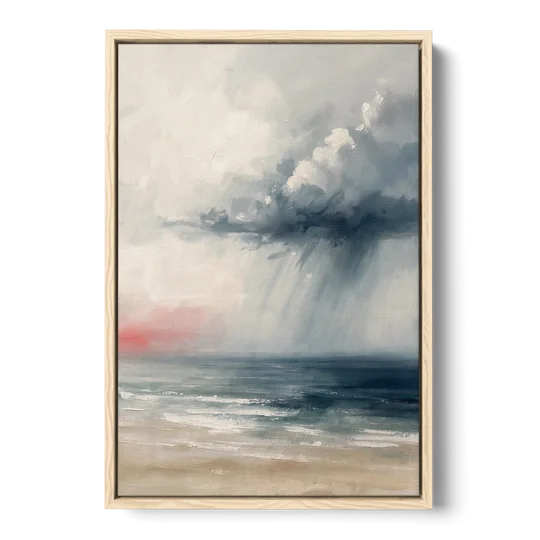 Neutral Distant Rain Squall Over a Calm Sea - Oak Framed Canvas Wall Art - Front