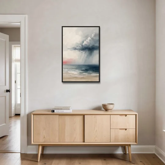 Neutral Distant Rain Squall Over a Calm Sea - Black Framed Canvas Wall Art - Coffee Table - 24x36