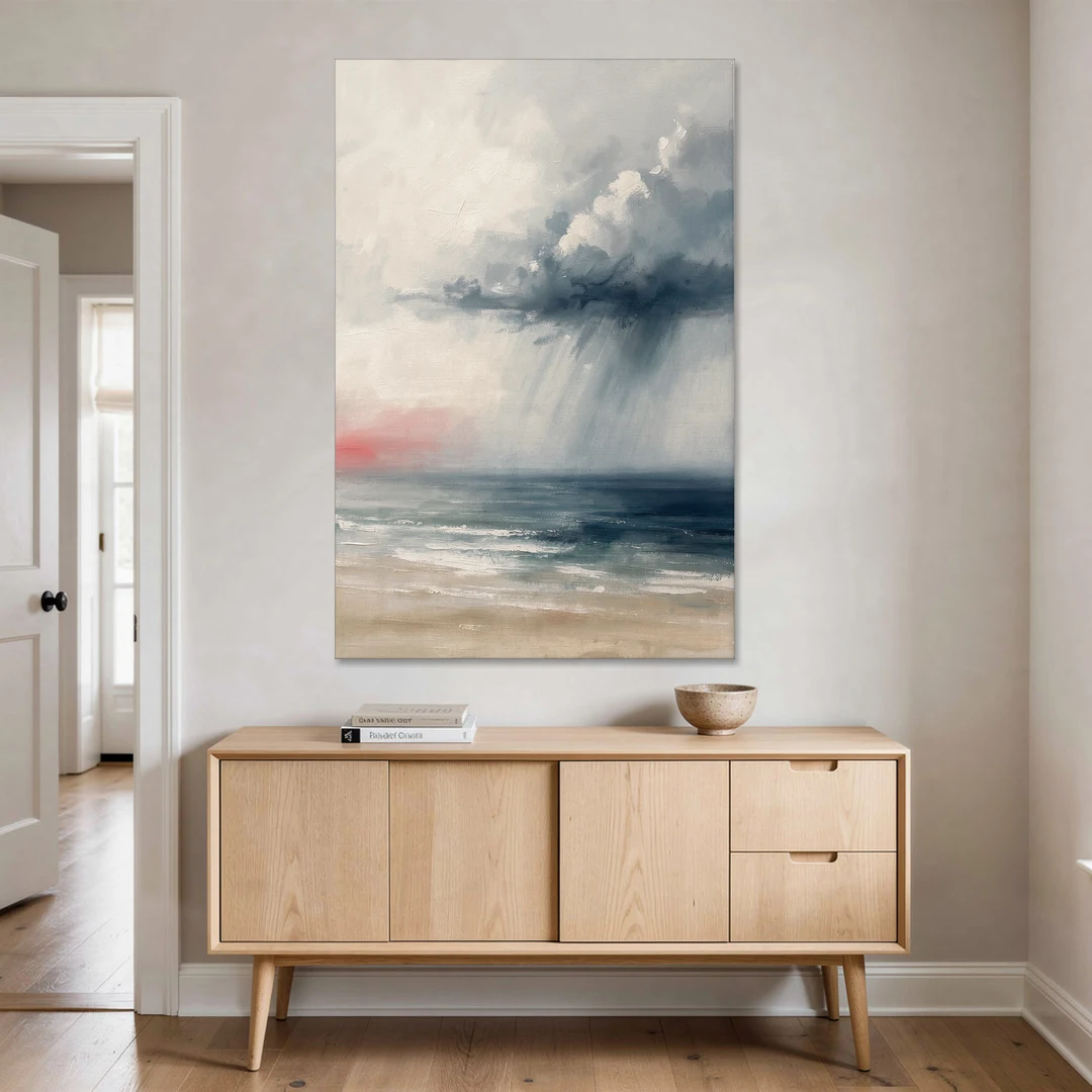 Neutral Distant Rain Squall Over a Calm Sea - Canvas Wall Art - Coffee Table - 40x60