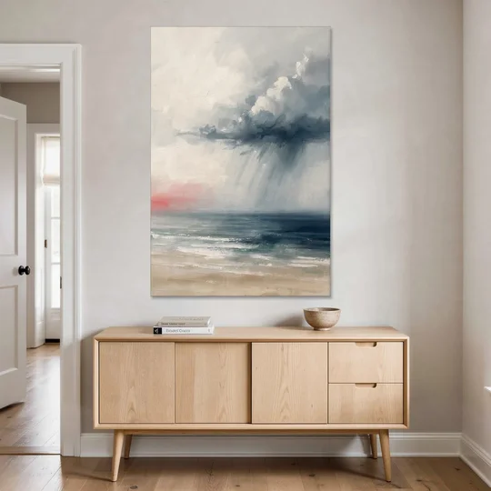 Neutral Distant Rain Squall Over a Calm Sea - Canvas Wall Art - Coffee Table - 40x60