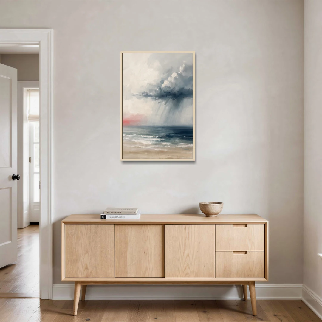 Neutral Distant Rain Squall Over a Calm Sea - Oak Framed Canvas Wall Art - Coffee Table - 24x36