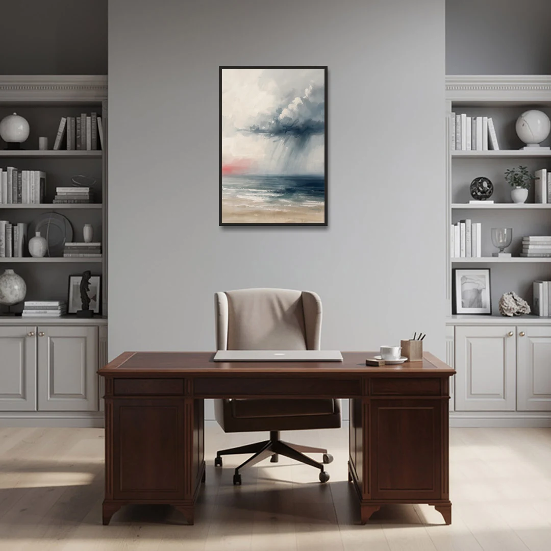 Neutral Distant Rain Squall Over a Calm Sea - Black Framed Canvas Wall Art - Office - 24x36