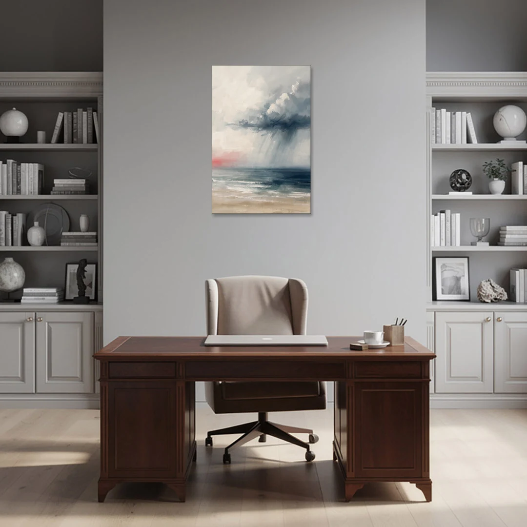 Neutral Distant Rain Squall Over a Calm Sea - Canvas Wall Art - Office - 24x36