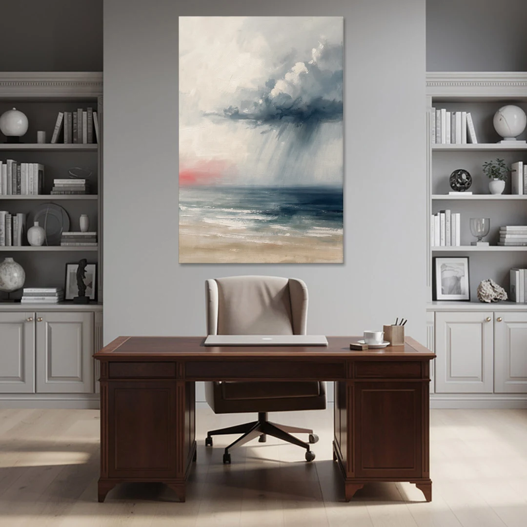 Neutral Distant Rain Squall Over a Calm Sea - Canvas Wall Art - Office - 40x60