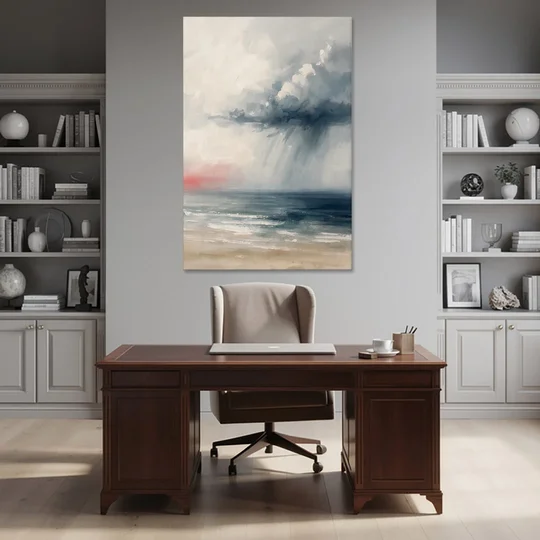 Neutral Distant Rain Squall Over a Calm Sea - Canvas Wall Art - Office - 40x60