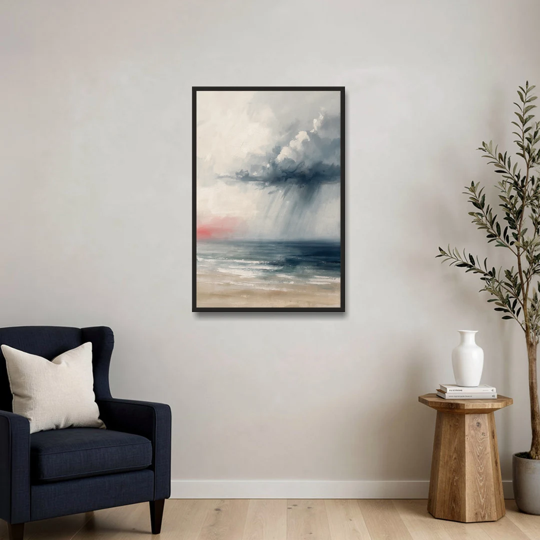 Neutral Distant Rain Squall Over a Calm Sea - Black Framed Canvas Wall Art - Sofa - 24x36
