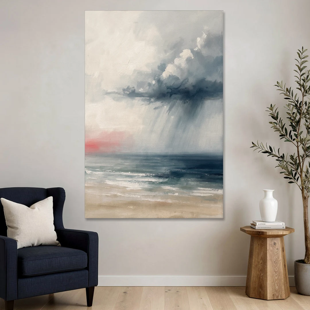 Neutral Distant Rain Squall Over a Calm Sea - Canvas Wall Art - Sofa - 40x60