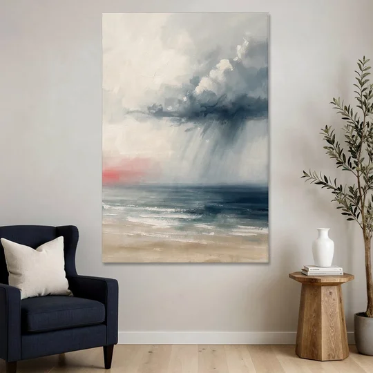 Neutral Distant Rain Squall Over a Calm Sea - Canvas Wall Art - Sofa - 40x60