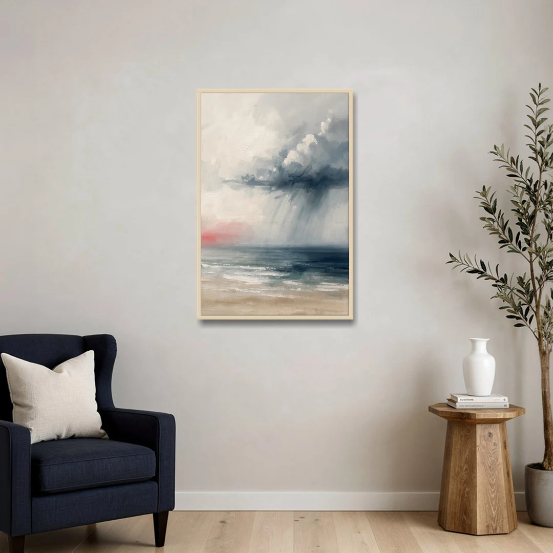 Neutral Distant Rain Squall Over a Calm Sea - Oak Framed Canvas Wall Art - Sofa - 24x36