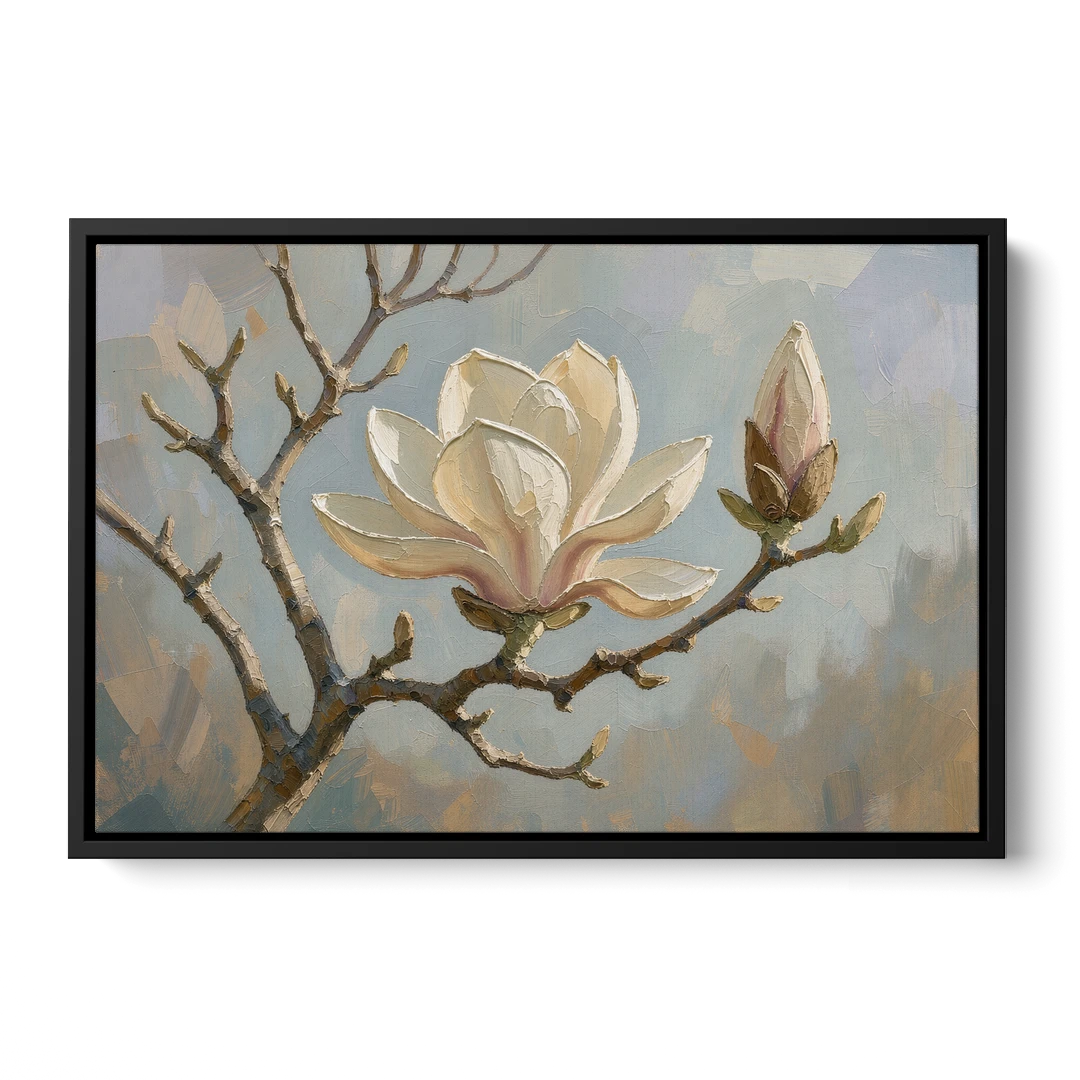Neutral Flower Painting of a Cream Magnolia Branch - Black Framed Canvas Wall Art - Front