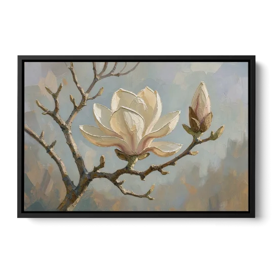 Neutral Flower Painting of a Cream Magnolia Branch - Black Framed Canvas Wall Art - Front