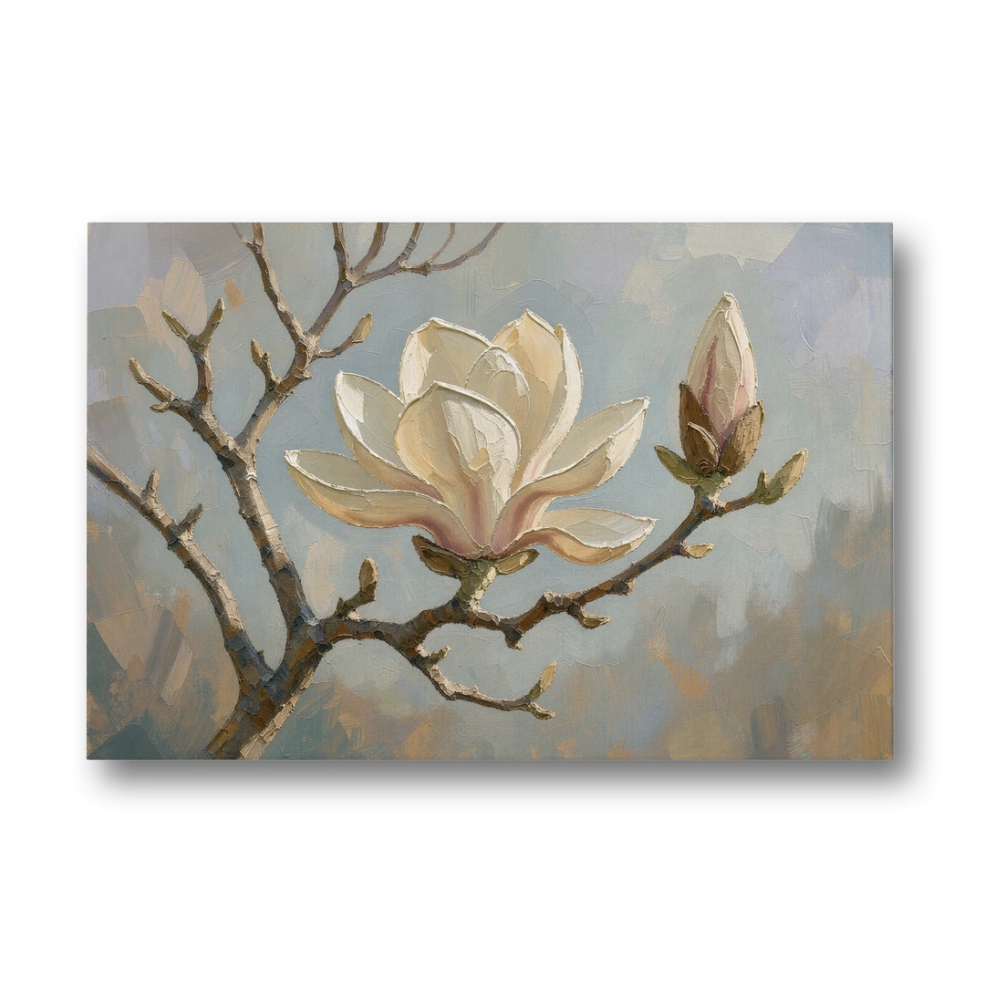 Neutral Flower Painting of a Cream Magnolia Branch - Canvas Wall Art - Front