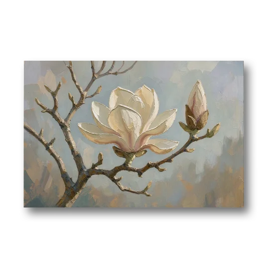Neutral Flower Painting of a Cream Magnolia Branch - Canvas Wall Art - Front