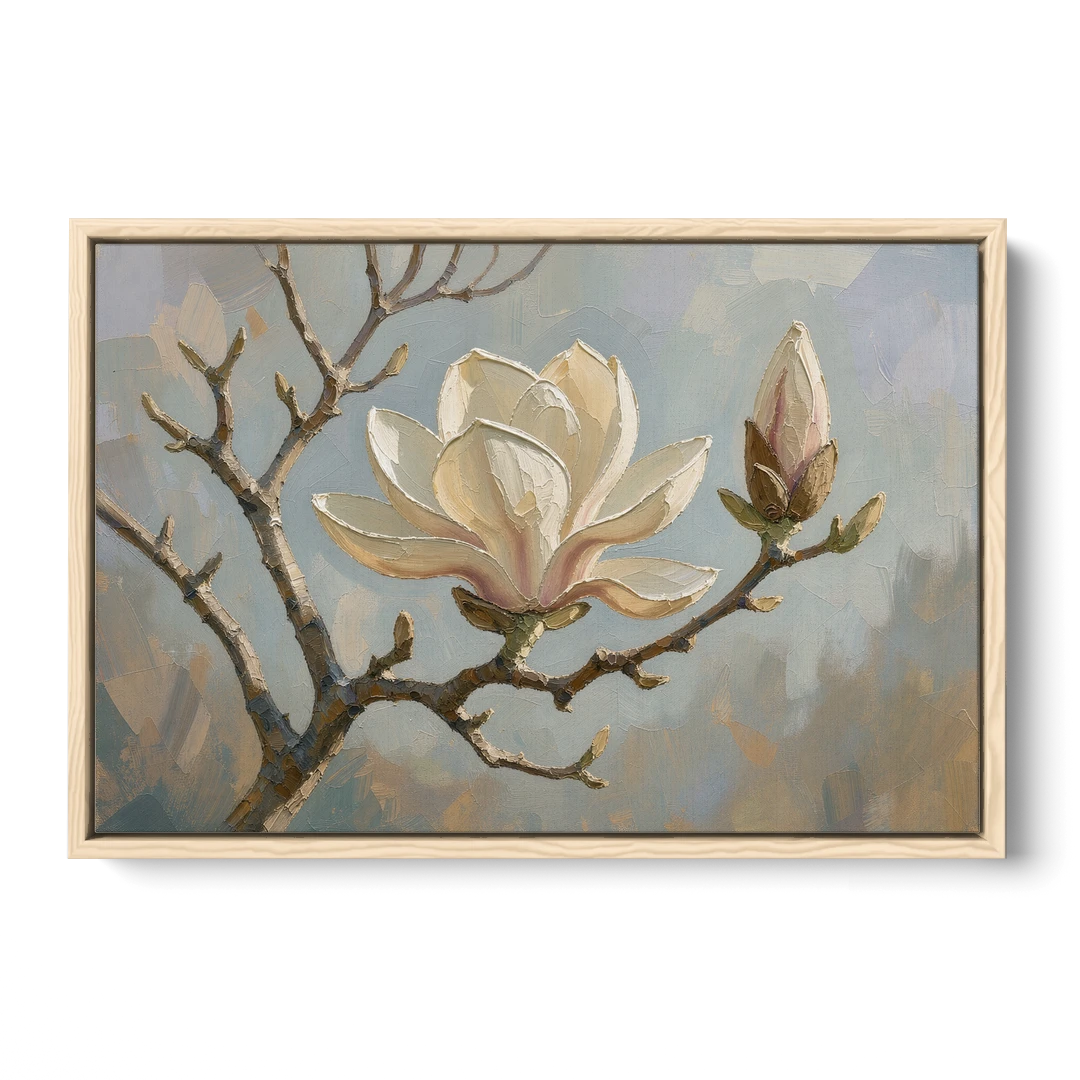 Neutral Flower Painting of a Cream Magnolia Branch - Oak Framed Canvas Wall Art - Front