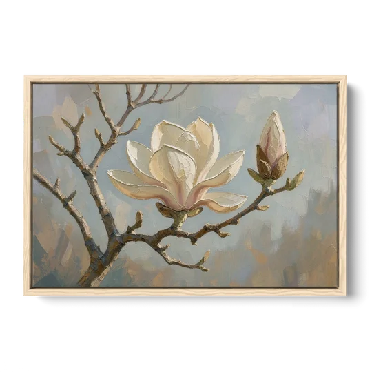 Neutral Flower Painting of a Cream Magnolia Branch - Oak Framed Canvas Wall Art - Front