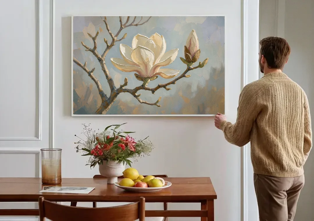 Neutral Flower Painting of a Cream Magnolia Branch canvas wall art above a dining table