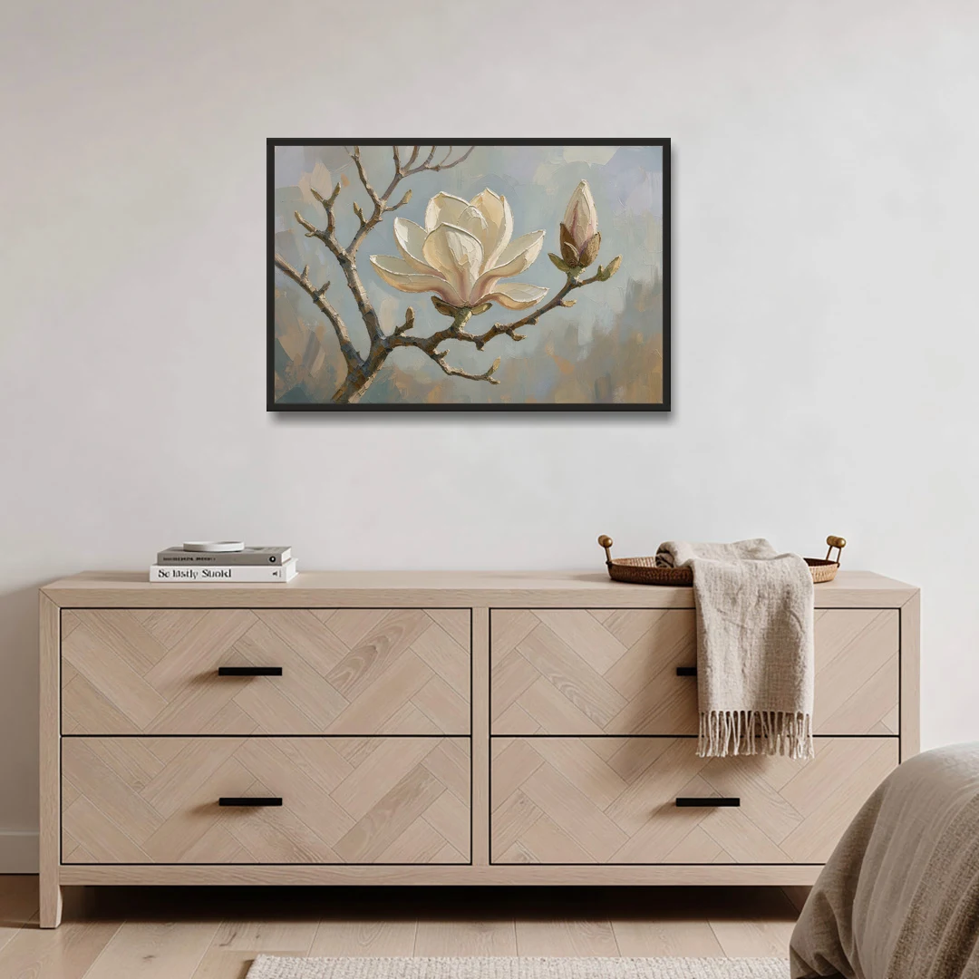 Neutral Flower Painting of a Cream Magnolia Branch - Black Framed Canvas Wall Art - Coffee Table - 36x24