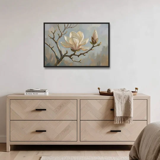 Neutral Flower Painting of a Cream Magnolia Branch - Black Framed Canvas Wall Art - Coffee Table - 36x24