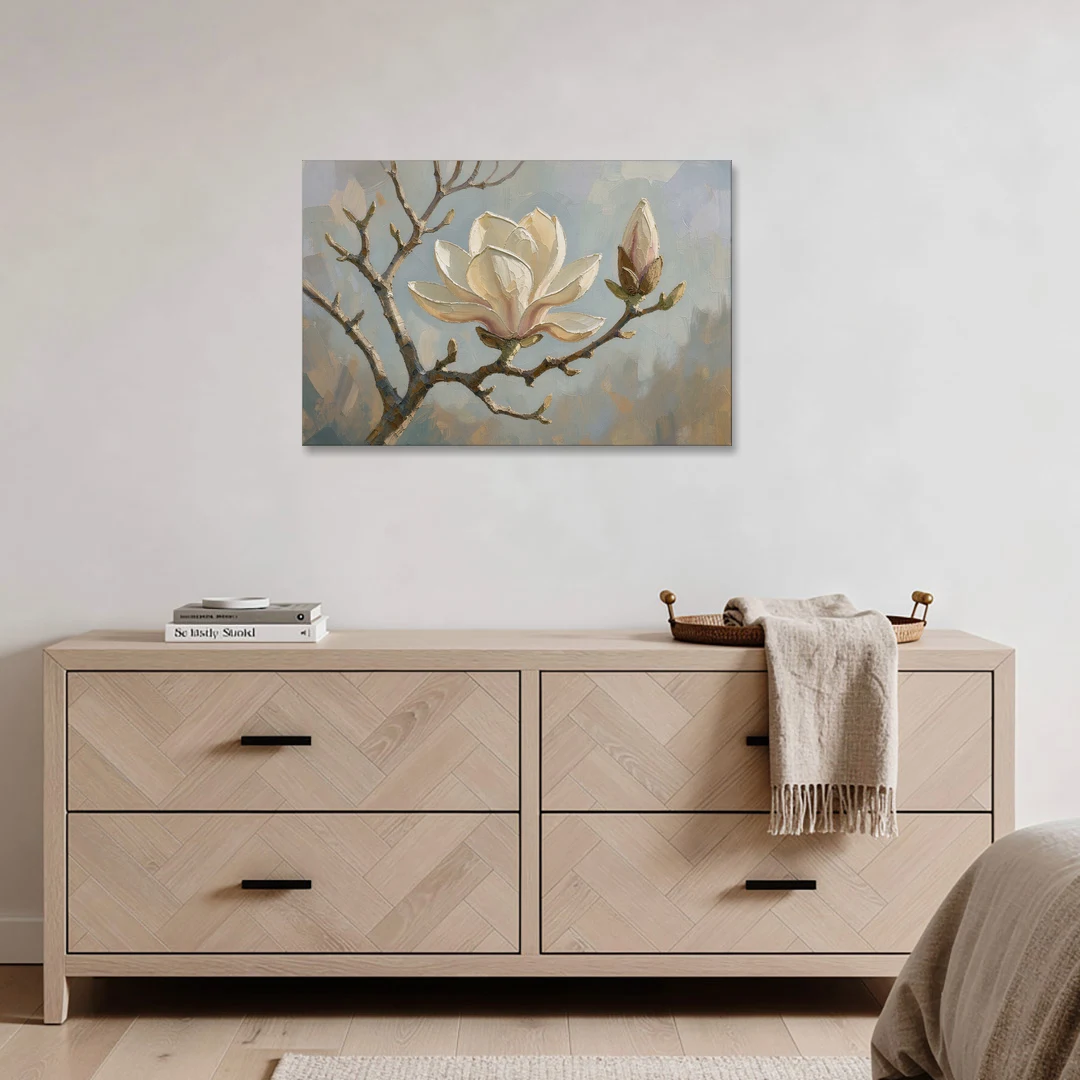 Neutral Flower Painting of a Cream Magnolia Branch - Canvas Wall Art - Coffee Table - 36x24