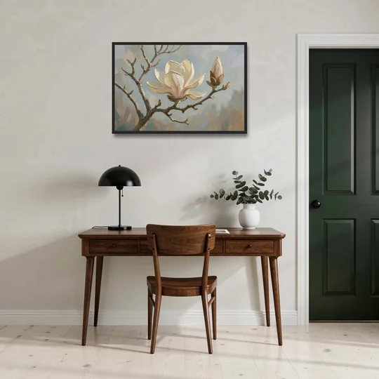 Neutral Flower Painting of a Cream Magnolia Branch - Black Framed Canvas Wall Art - Office - 36x24