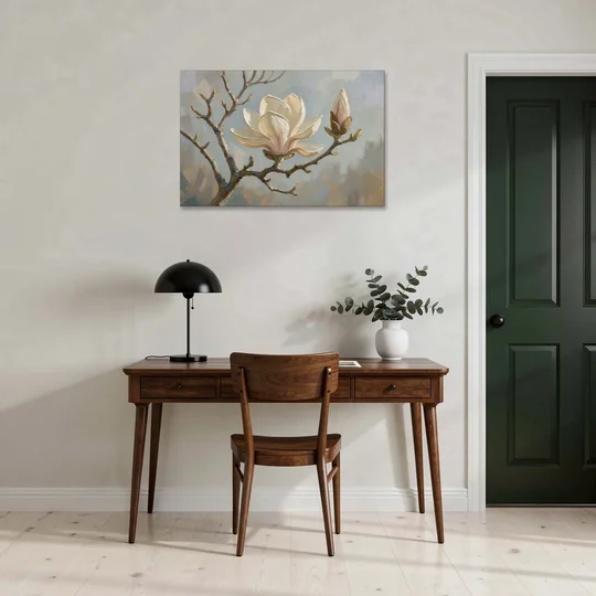 Neutral Flower Painting of a Cream Magnolia Branch - Canvas Wall Art - Office - 36x24