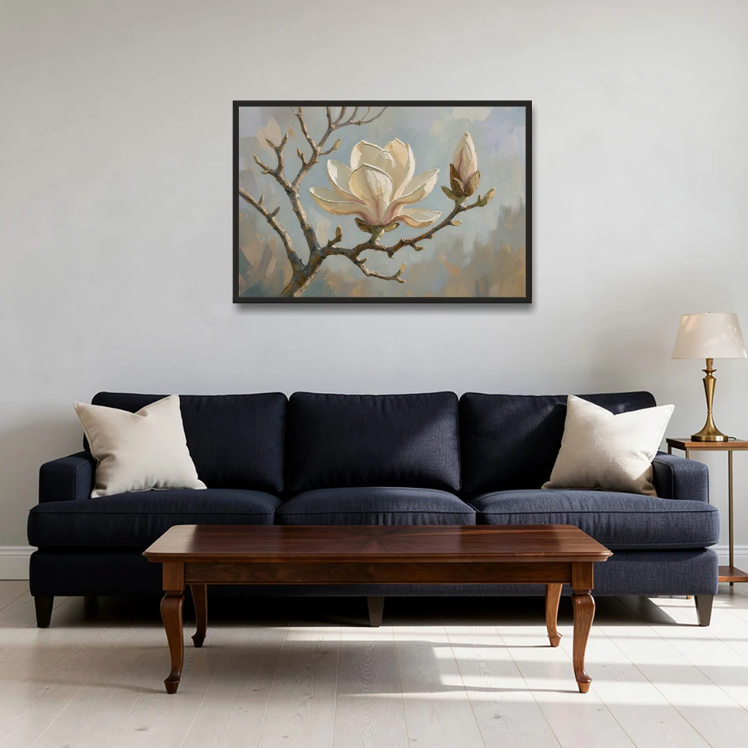 Neutral Flower Painting of a Cream Magnolia Branch - Black Framed Canvas Wall Art - Sofa - 36x24