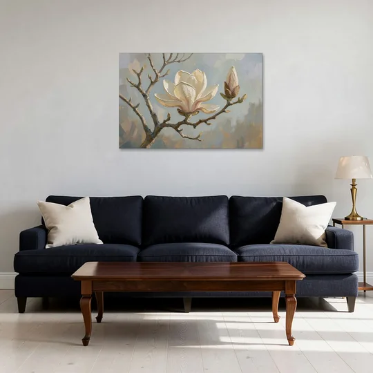 Neutral Flower Painting of a Cream Magnolia Branch - Canvas Wall Art - Sofa - 36x24