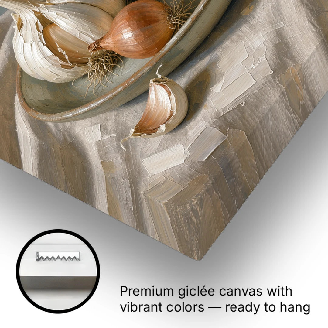 Neutral Garlic and Shallots on Linen for the Kitchen - Canvas Wall Art - Gallery Wrap Corner