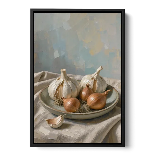 Neutral Garlic and Shallots on Linen for the Kitchen - Black Framed Canvas Wall Art - Front