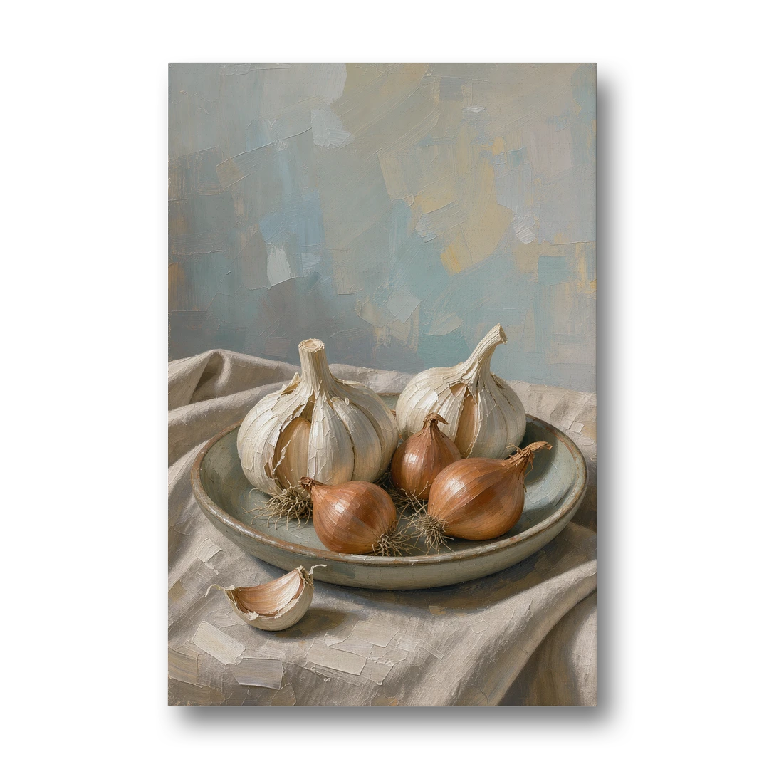 Neutral Garlic and Shallots on Linen for the Kitchen - Canvas Wall Art - Front