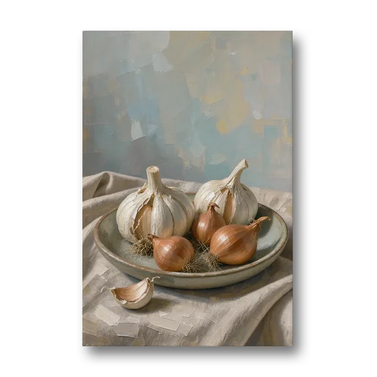 Neutral Garlic and Shallots on Linen for the Kitchen - Canvas Wall Art - Front