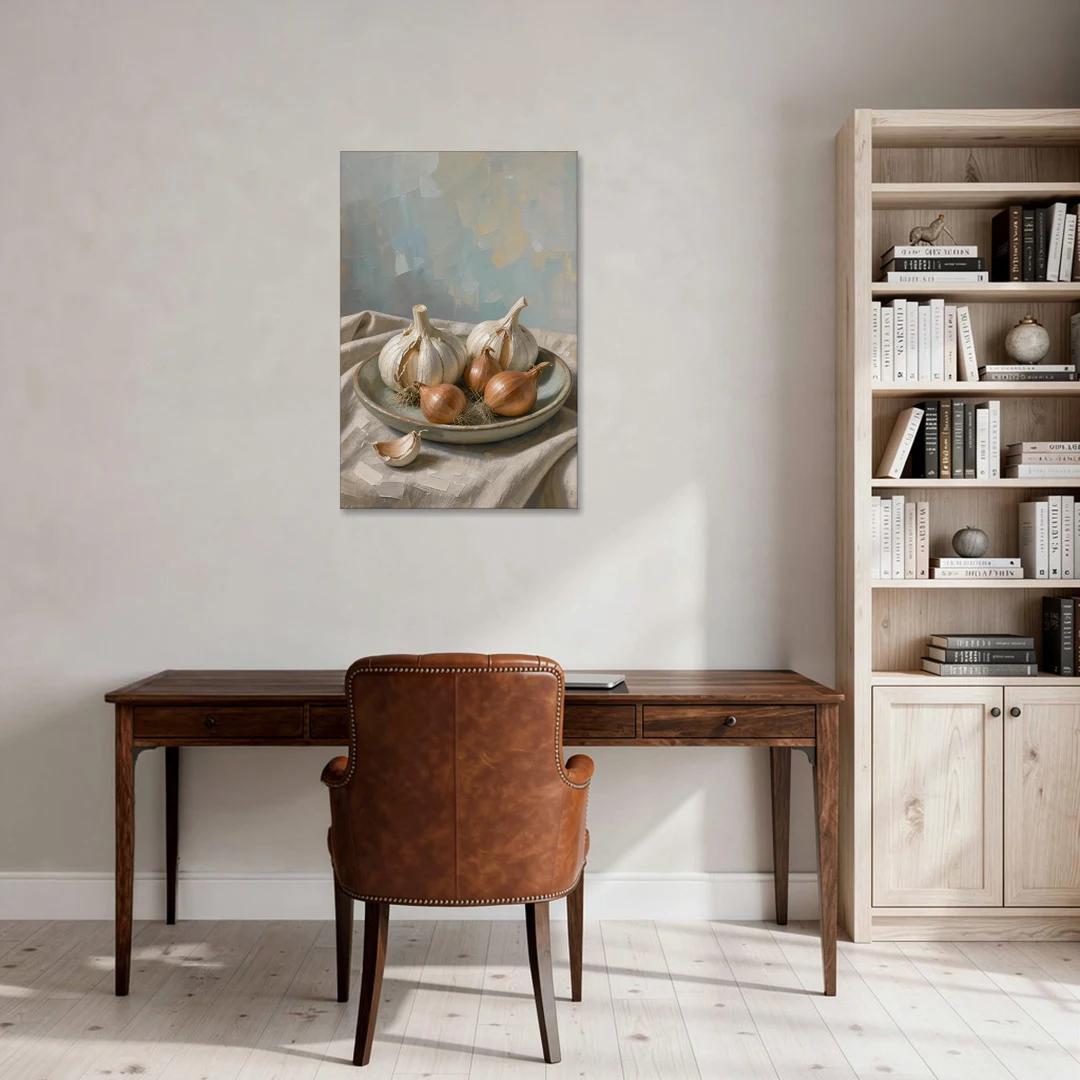Neutral Garlic and Shallots on Linen for the Kitchen - Canvas Wall Art - Office - 24x36