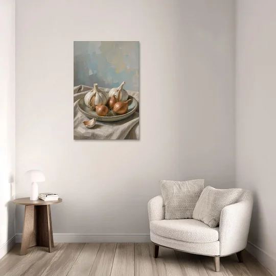 Neutral Garlic and Shallots on Linen for the Kitchen - Canvas Wall Art - Sofa - 24x36