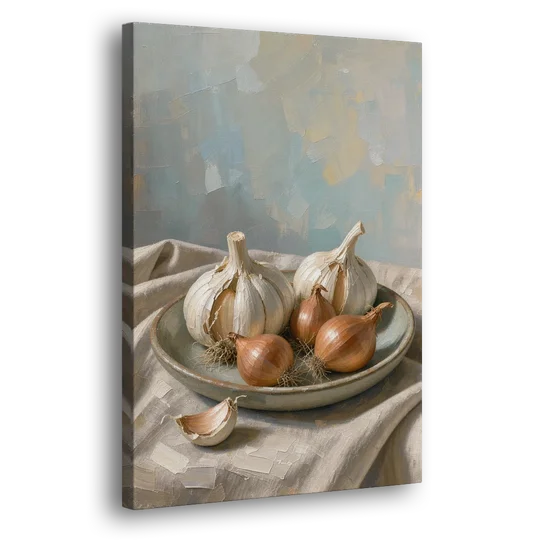 Neutral Garlic and Shallots on Linen for the Kitchen - Canvas Wall Art - Side