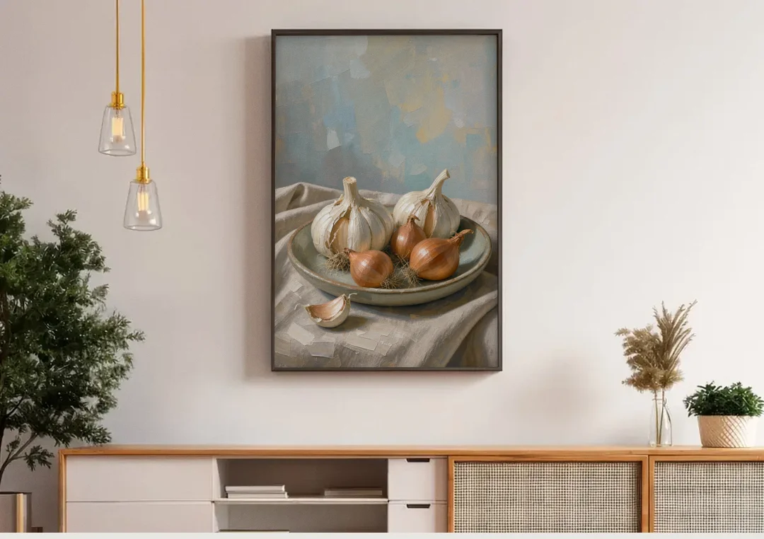 Neutral Garlic and Shallots on Linen for the Kitchen canvas wall art above a wooden sideboard under pendant lights