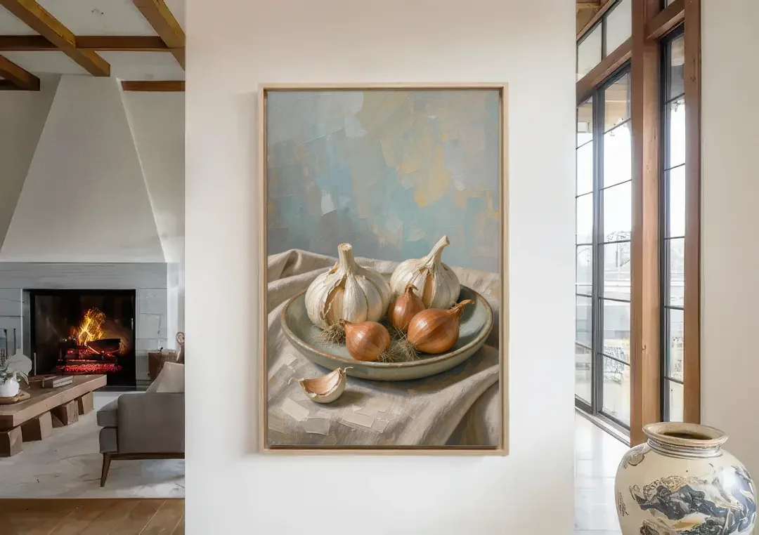 Neutral Garlic and Shallots on Linen for the Kitchen canvas wall art in a living room with a fireplace