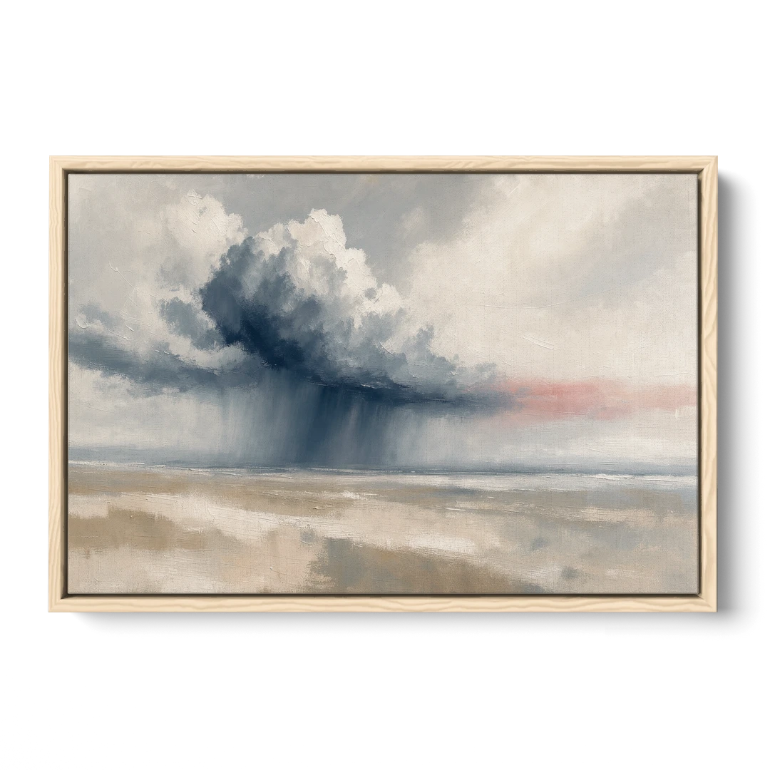 Neutral Landscape of Passing Rain Over the Plain - Oak Framed Canvas Wall Art - Front
