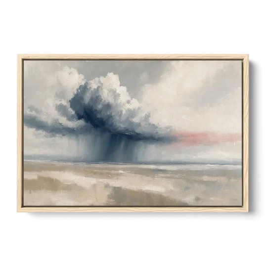 Neutral Landscape of Passing Rain Over the Plain - Oak Framed Canvas Wall Art - Front