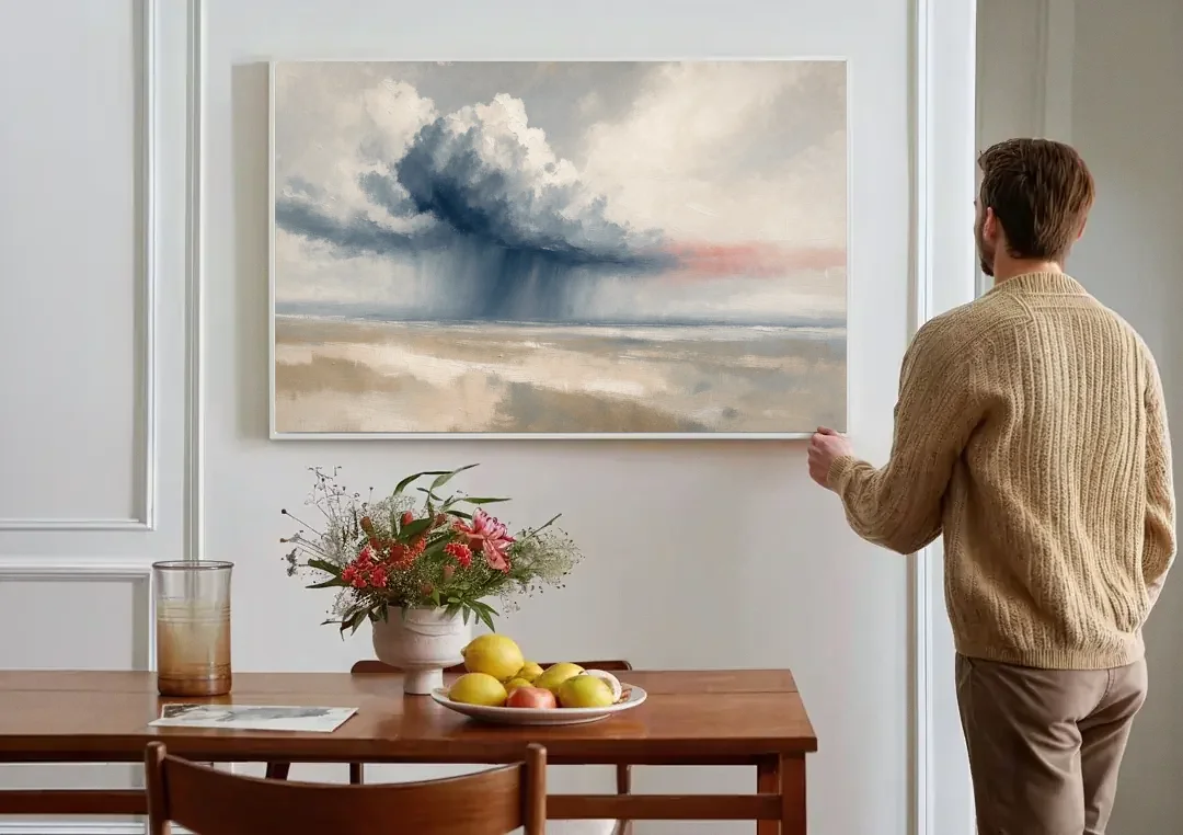 Neutral Landscape of Passing Rain Over the Plain canvas wall art above a dining table