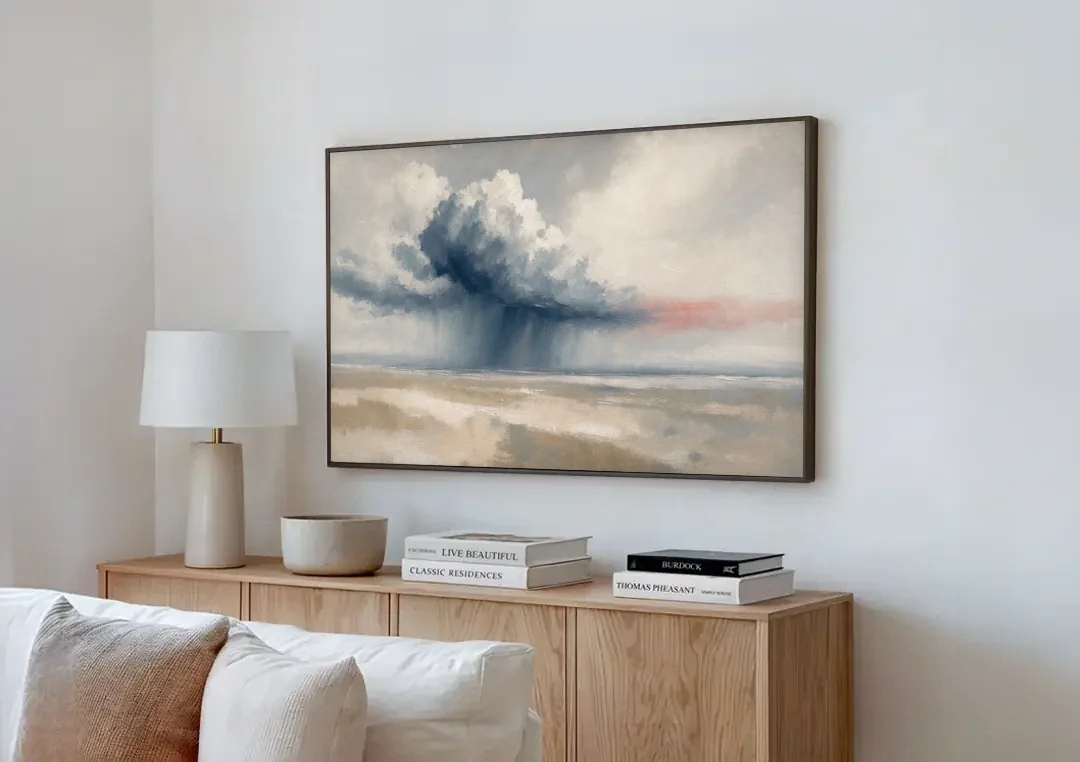 Neutral Landscape of Passing Rain Over the Plain canvas wall art above a wooden sideboard next to a sofa