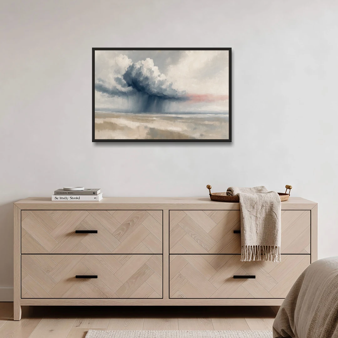 Neutral Landscape of Passing Rain Over the Plain - Black Framed Canvas Wall Art - Coffee Table - 36x24