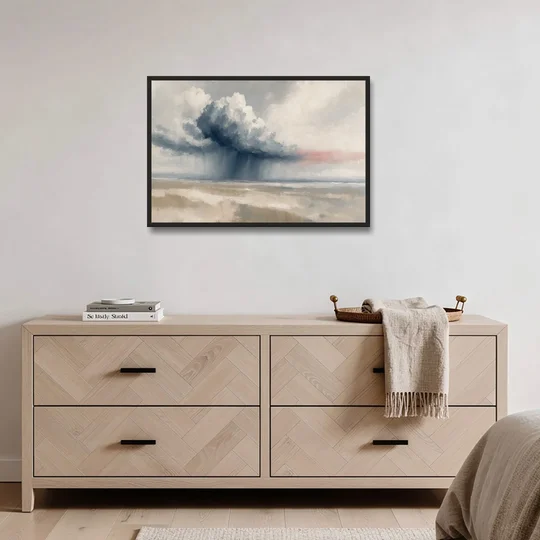 Neutral Landscape of Passing Rain Over the Plain - Black Framed Canvas Wall Art - Coffee Table - 36x24