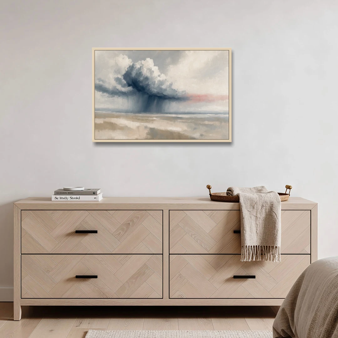 Neutral Landscape of Passing Rain Over the Plain - Oak Framed Canvas Wall Art - Coffee Table - 36x24