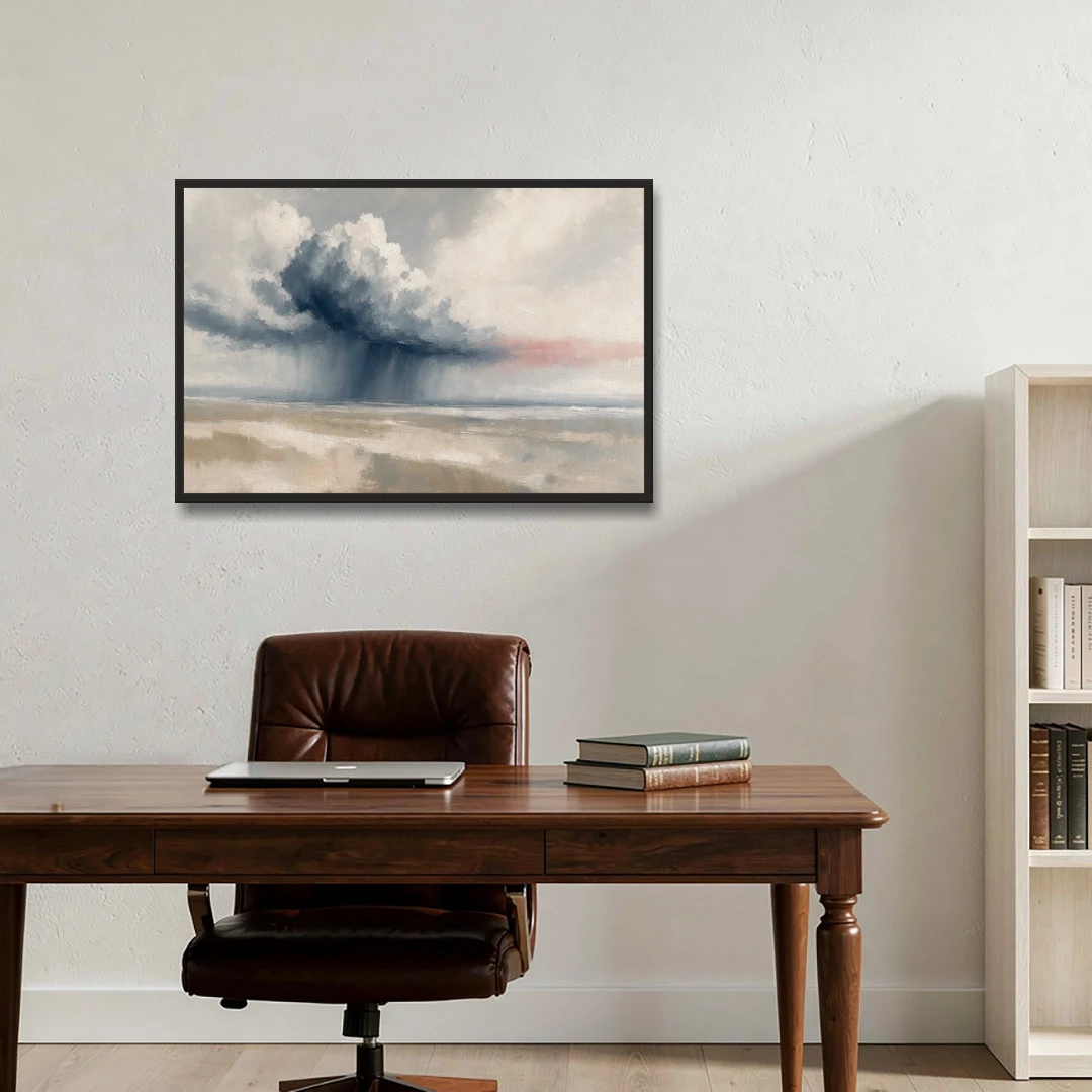 Neutral Landscape of Passing Rain Over the Plain - Black Framed Canvas Wall Art - Office - 36x24