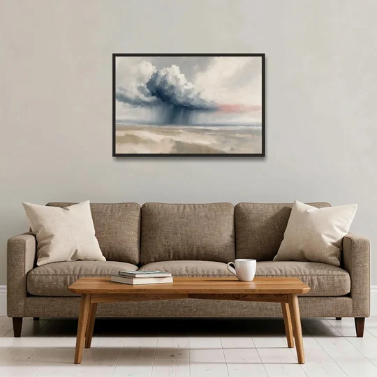 Neutral Landscape of Passing Rain Over the Plain - Black Framed Canvas Wall Art - Sofa - 36x24