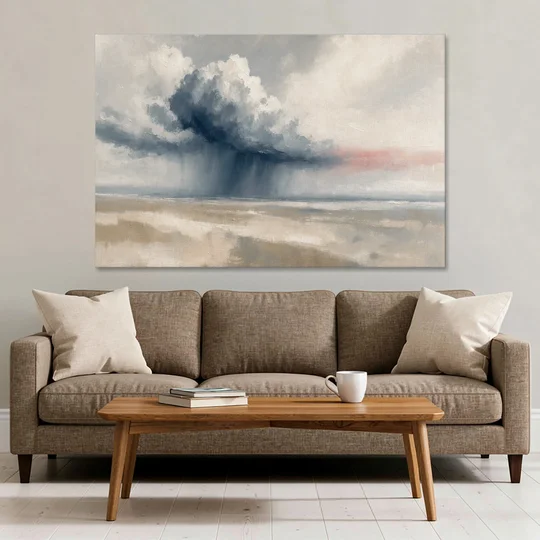 Neutral Landscape of Passing Rain Over the Plain - Canvas Wall Art - Sofa - 60x40