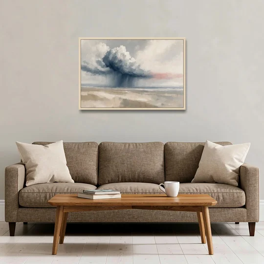 Neutral Landscape of Passing Rain Over the Plain - Oak Framed Canvas Wall Art - Sofa - 36x24