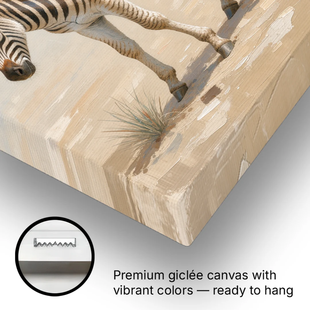 Neutral Safari Nursery Decor with a Wobbly Zebra Foal - Canvas Wall Art - Gallery Wrap Corner