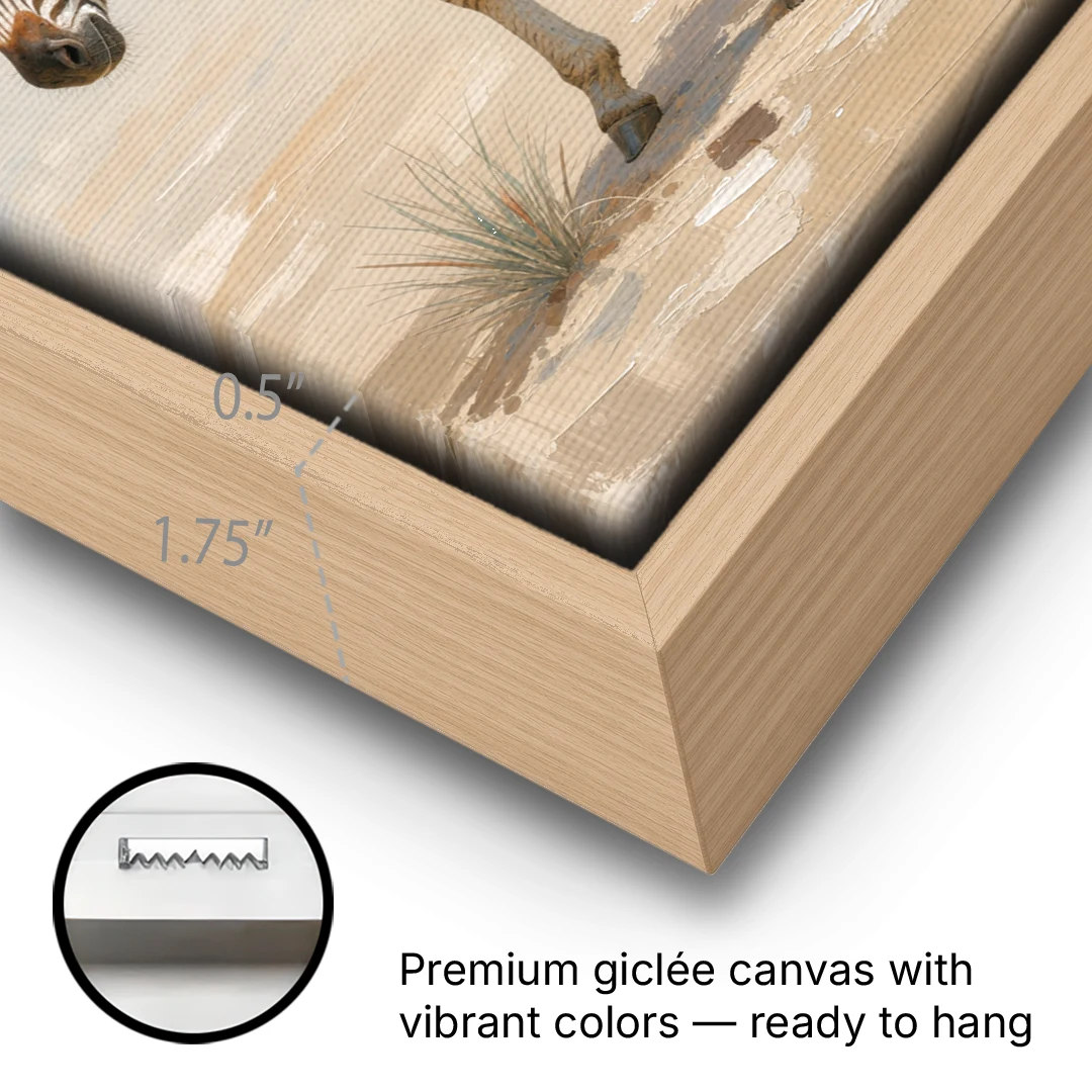 Neutral Safari Nursery Decor with a Wobbly Zebra Foal - Oak Framed Canvas Wall Art - Gallery Wrap Corner
