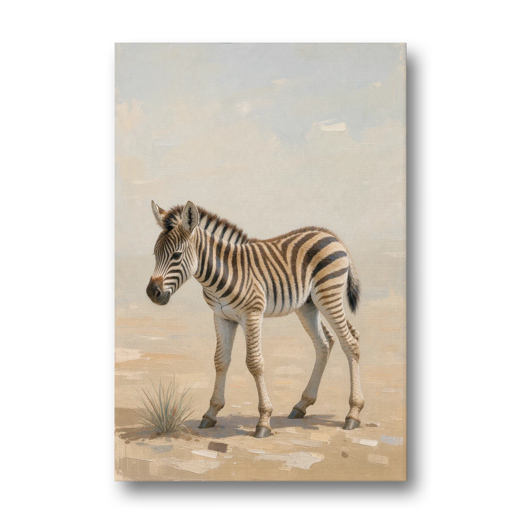 Neutral Safari Nursery Decor with a Wobbly Zebra Foal - Canvas Wall Art - Front